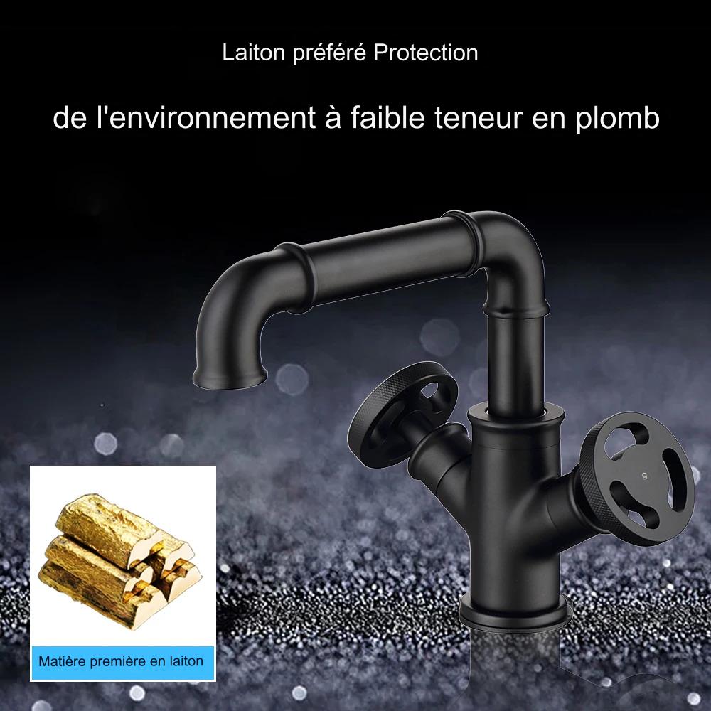 Robinet de lavabo en laiton noir, style industriel, à deux poignées, mitigeur d'eau contemporain