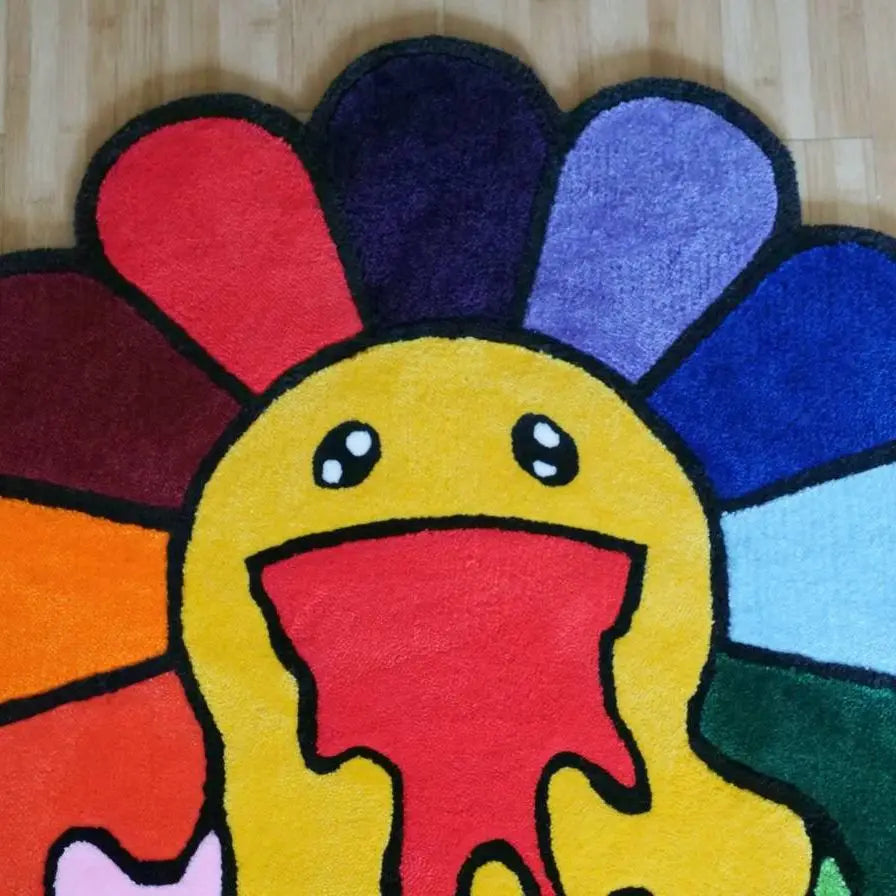 Tapis Inspiration Murakami Coloré avec Motif de Fleurs Fondantes : Impression Numérique, Flanelle Douce, Antidérapant