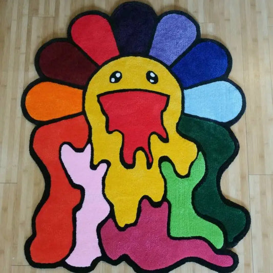 Tapis Inspiration Murakami Coloré avec Motif de Fleurs Fondantes : Impression Numérique, Flanelle Douce, Antidérapant