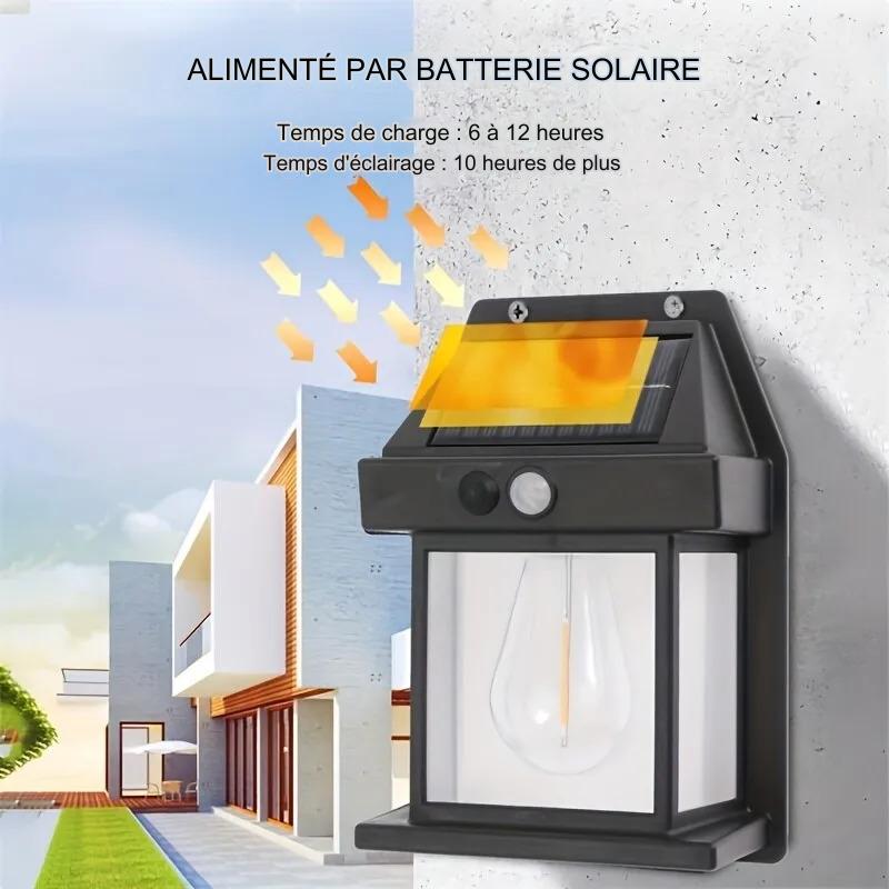 Lampe murale solaire à filament de tungstène, étanche, avec capteur de mouvement et détecteur de luminosité