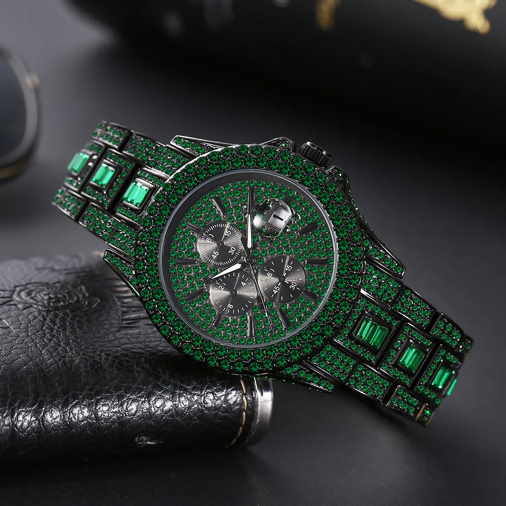 Montre Luxe style Hip-Hop avec simili Diamants Verts et Fonctionnalités Avancées - Lumixia