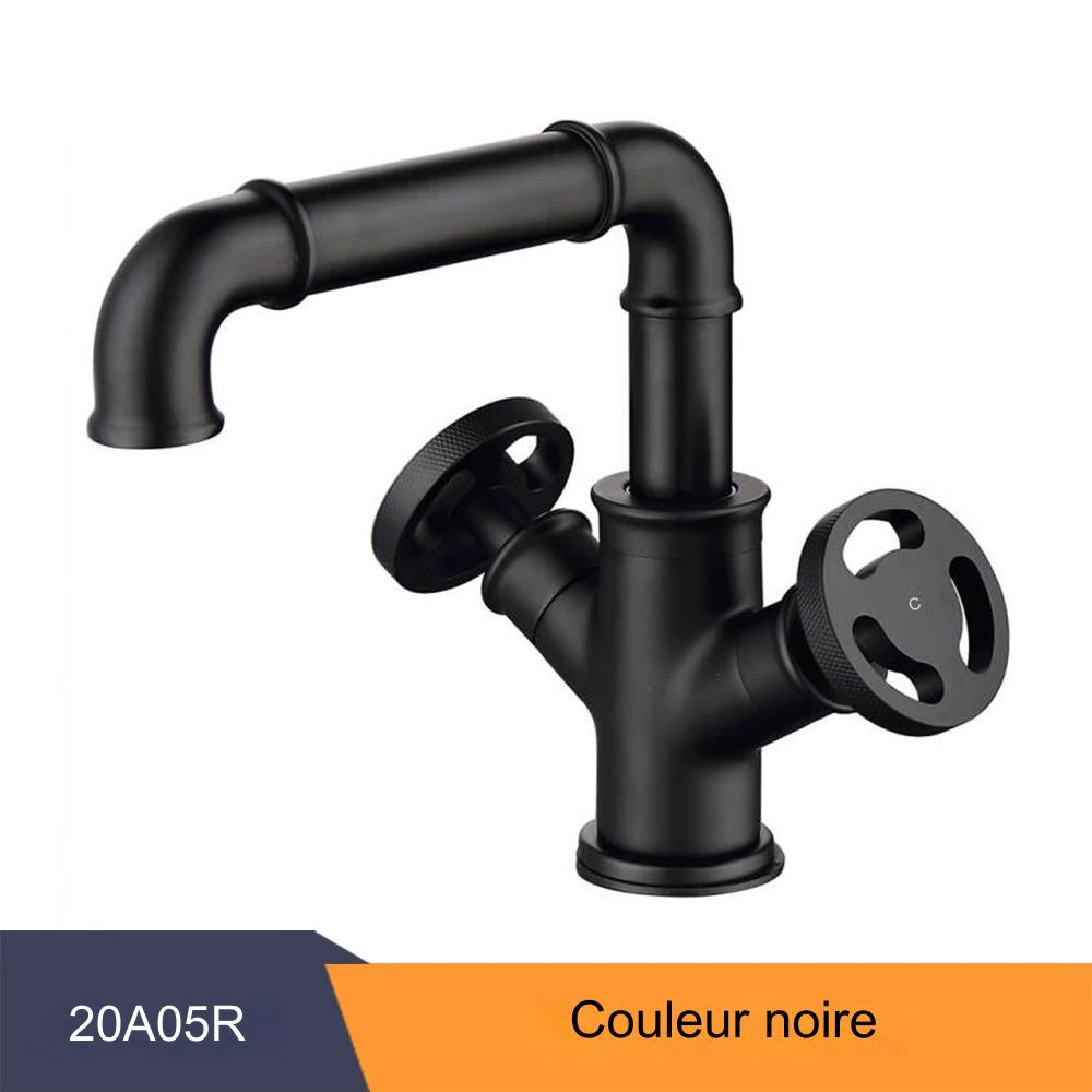 Robinet de lavabo en laiton noir, style industriel, à deux poignées, mitigeur d'eau contemporain