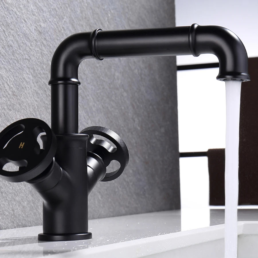 Robinet de lavabo en laiton noir, style industriel, à deux poignées, mitigeur d'eau contemporain