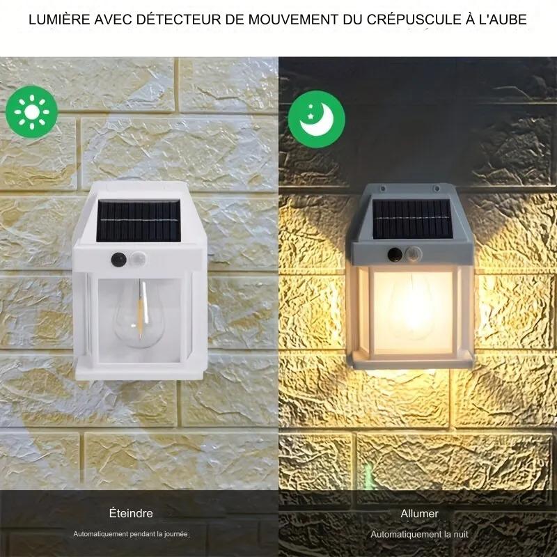 Lampe murale solaire à filament de tungstène, étanche, avec capteur de mouvement et détecteur de luminosité