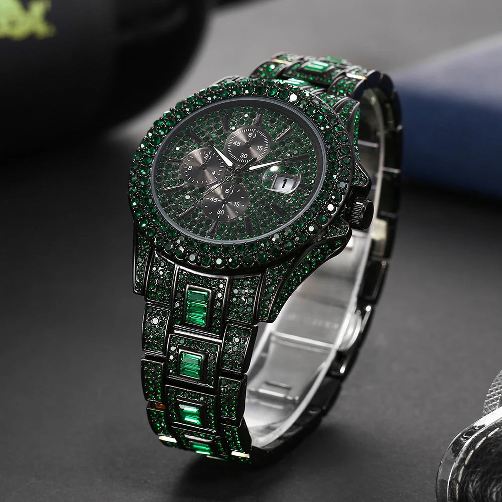 Montre Luxe style Hip-Hop avec simili Diamants Verts et Fonctionnalités Avancées - Lumixia