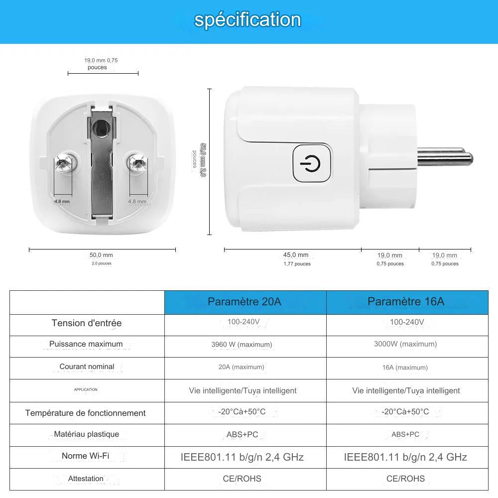 Prise intelligente WiFi 16A/20A - Contrôle vocal, programmation, surveillance de la consommation